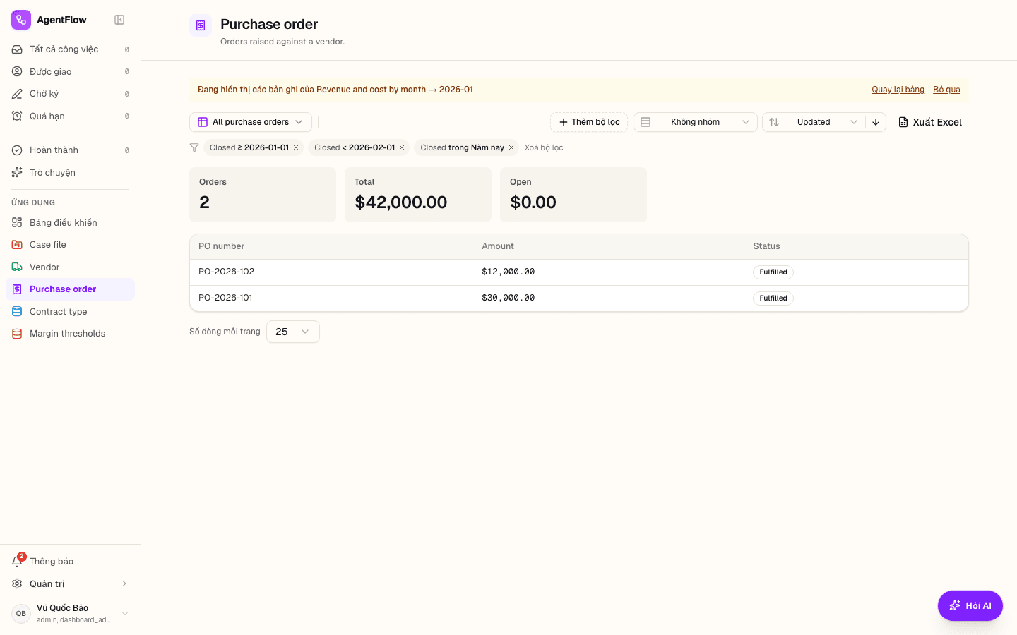 Trang bản ghi Purchase order với dải màu vàng "Đang hiển thị các bản ghi của Revenue and cost by month → 2026-01", liên kết Quay lại bảng, và danh sách 2 đơn hàng khớp bộ lọc